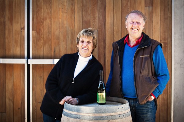 Neal and Judy Ibbotson of Saint Clair Family Estate with the new bottle of bubbles.
